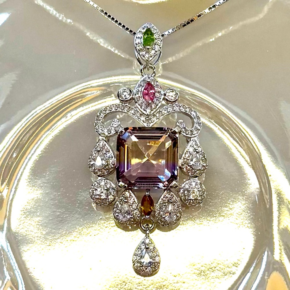 NAM12 4.7CT PREMIUM QUALITY OMBRÉ Ametrine &0.21CTRAINBOWTourmaline Pendant S925